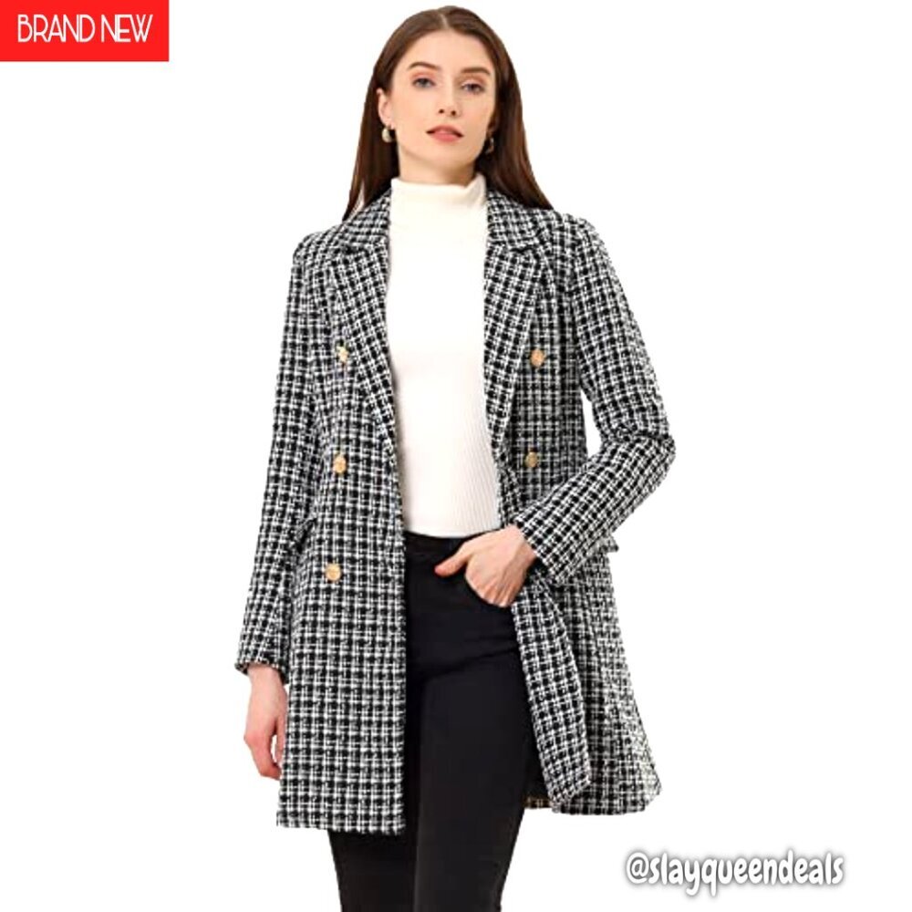 Women's Tweed Blazer Double Breasted Long Jacket Plaid Coat - Picture 2 of 6